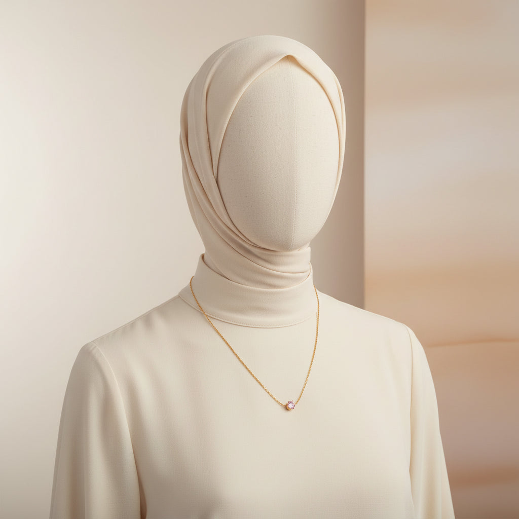 Gold necklace with a pink gemstone on a white background