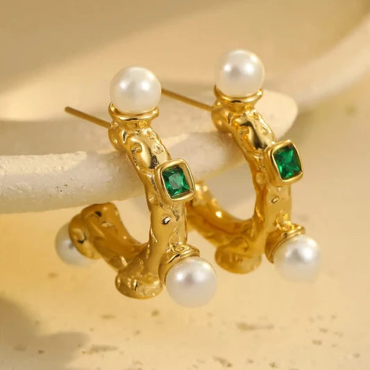 Pearl & Green Gem Earrings